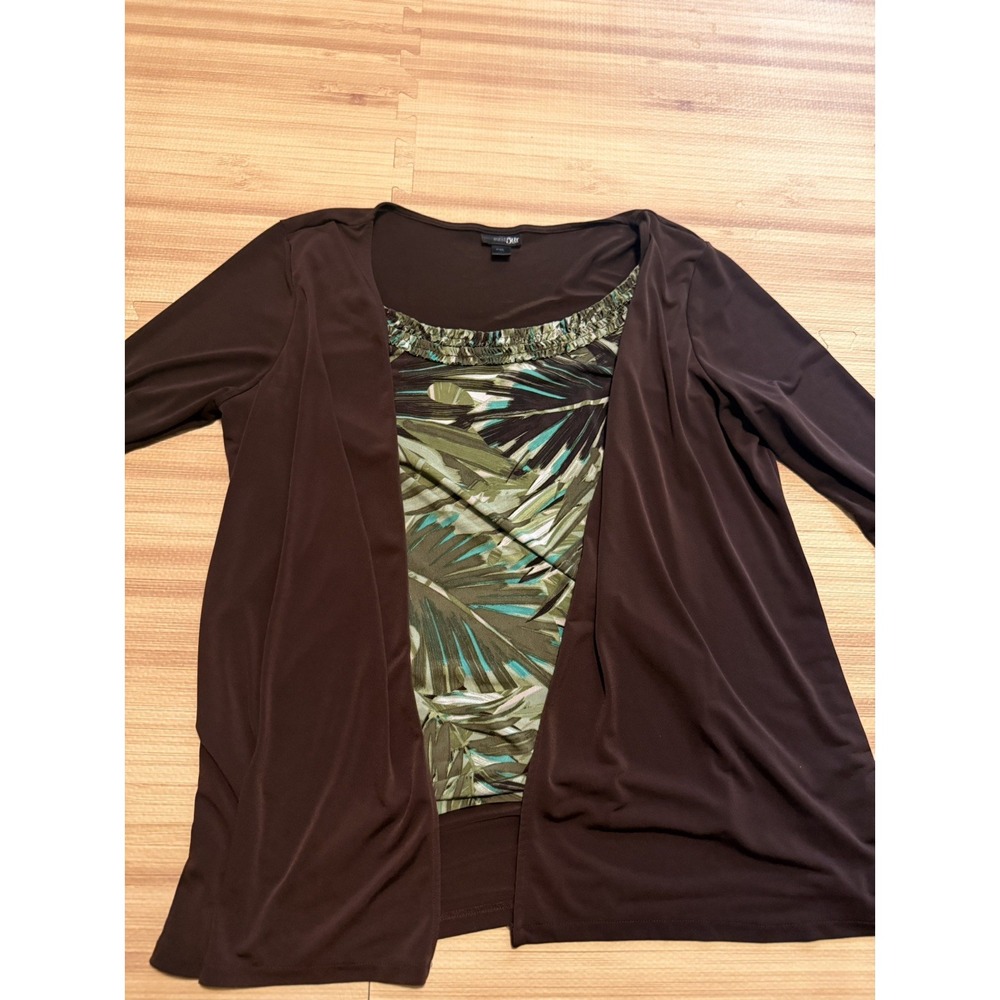 East 5th Shirt Womens PXL Petite XL Brown Green Layered 3/4 Sleeve Stretch